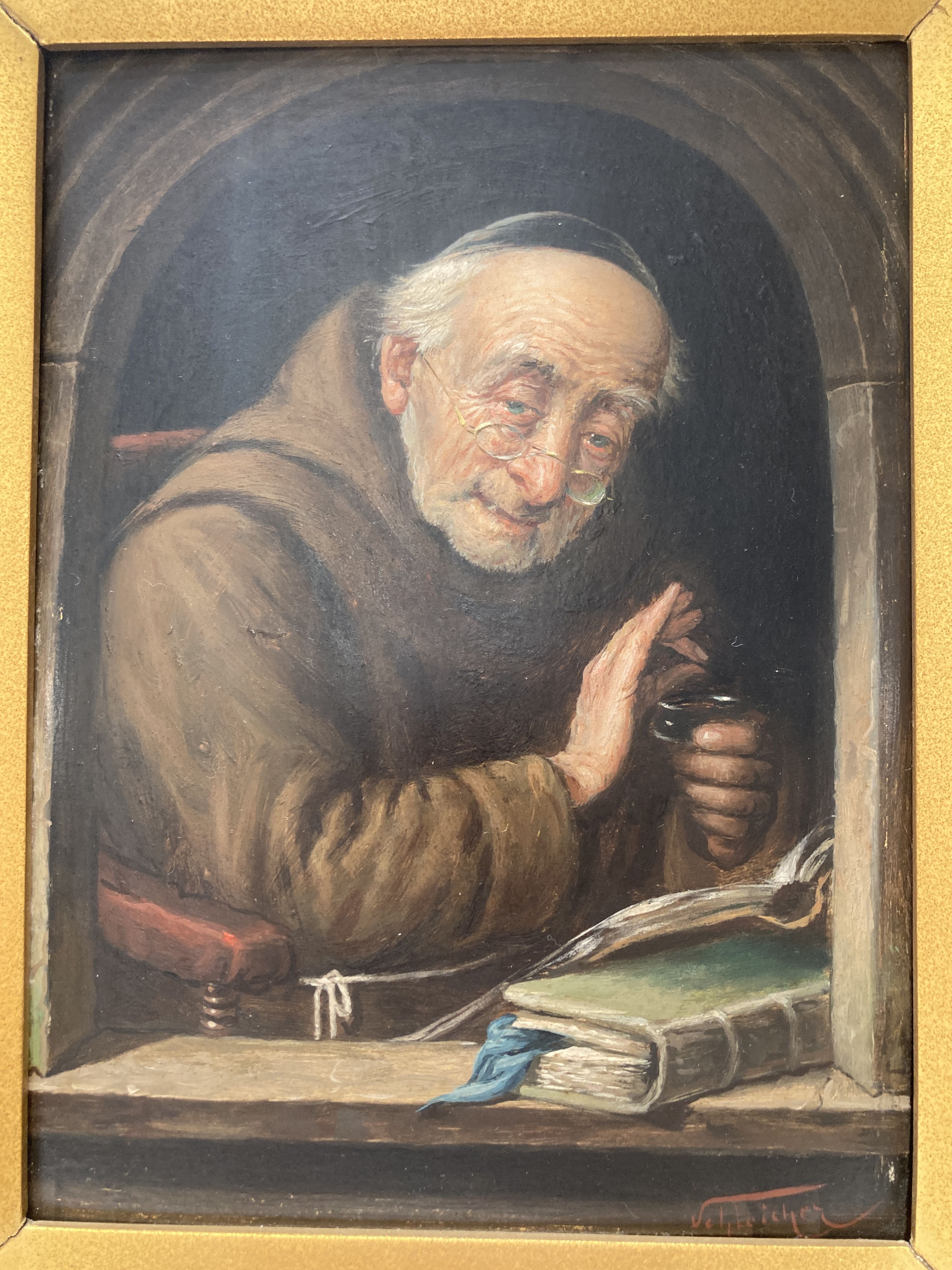 Carl Schleicher (1825-1903), oil on panel (?), portrait of a monk and similar companion piece, 20 x 15cm